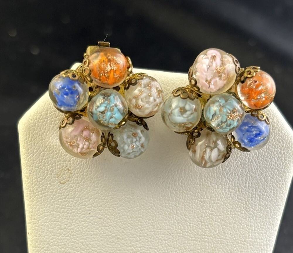 VTG ITALY Hand Blown Art Glass 6 Ball Confetti Balls Brass Clip-on Earrings